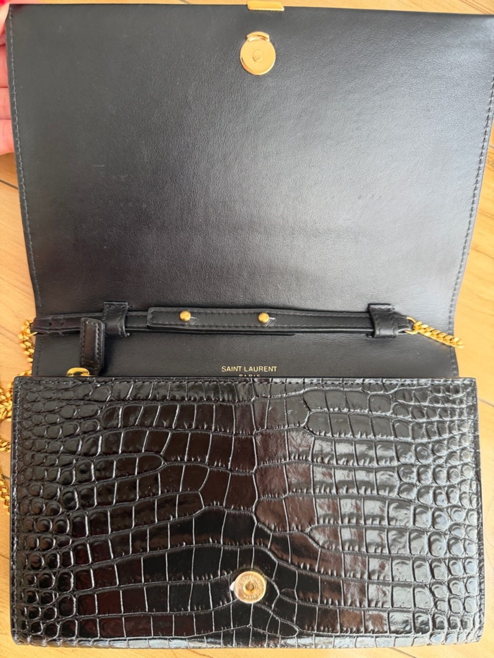 Saint Laurent Croc-Embossed Black Leather Chain Crossbody with Gold Hardware - Picture 3 of 4